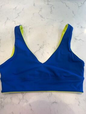 Women’s V-Neck Blue Swim Top with Lime Trim